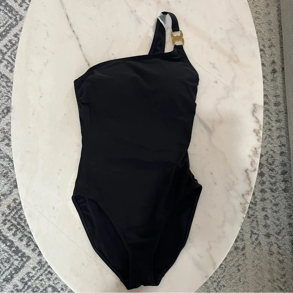 Tory Burch Gemini Link Silver Metal One Shoulder One Piece‎ Swimsuit Black NWT
